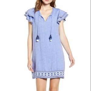 Vineyard Vines Women's Blue Linen Ruffle Sleeve Embroidered Mini Dress Sz Medium
